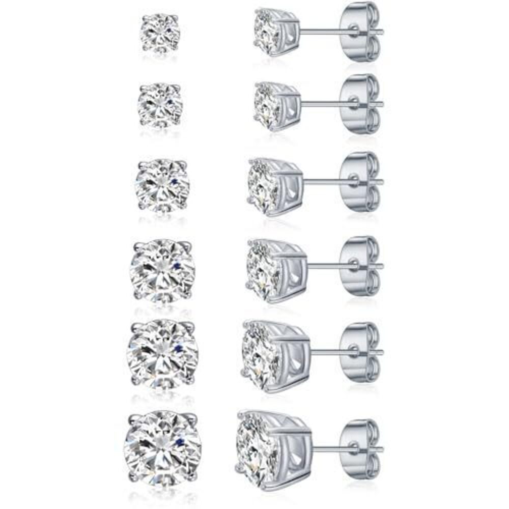 1154 6 Pairs Cubic Zirconia Stud Earrings / - Round Cut 4 Prong Settings